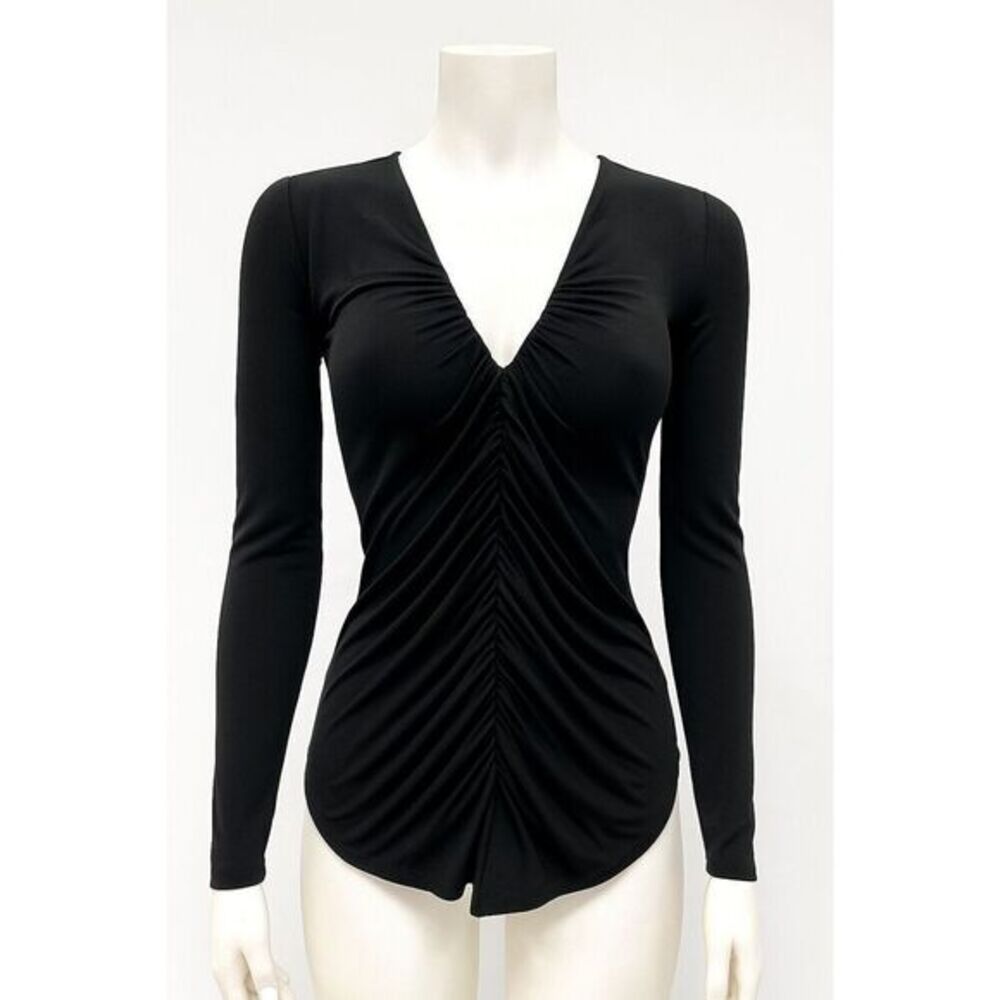 Julian Chang Black Ruched Long Sleeve V Neck Top XS